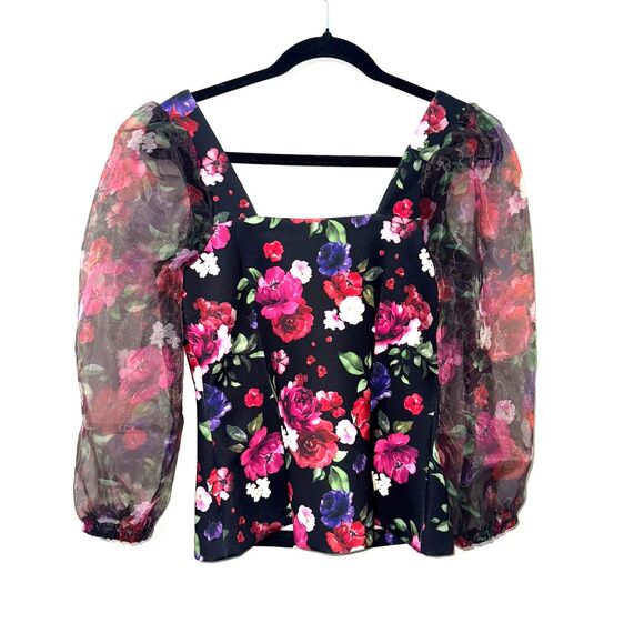 Boston Proper Organza Sheer Sleeve Scuba Floral Top - Black/Multi S - Picture 3 of 6
